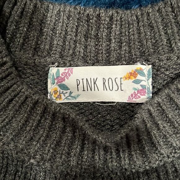 18. Pink Rose Knit Crewneck Sweater Size M purple gray white stripe Women Junior - Picture 2 of 10